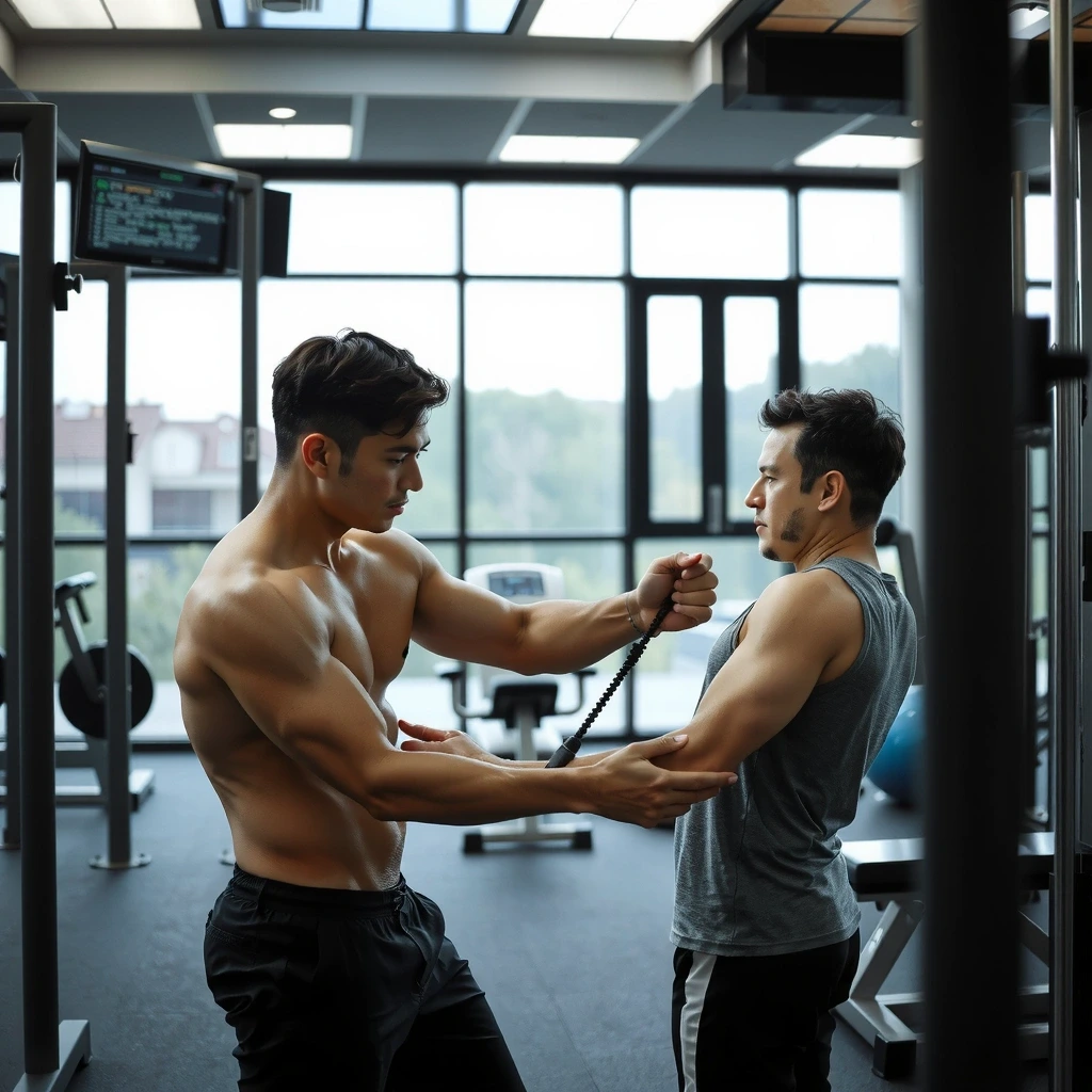 Personal trainer assisting client with form